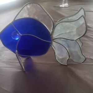 Stained Glass Blue Fish Sculpture - Decorative Home Art